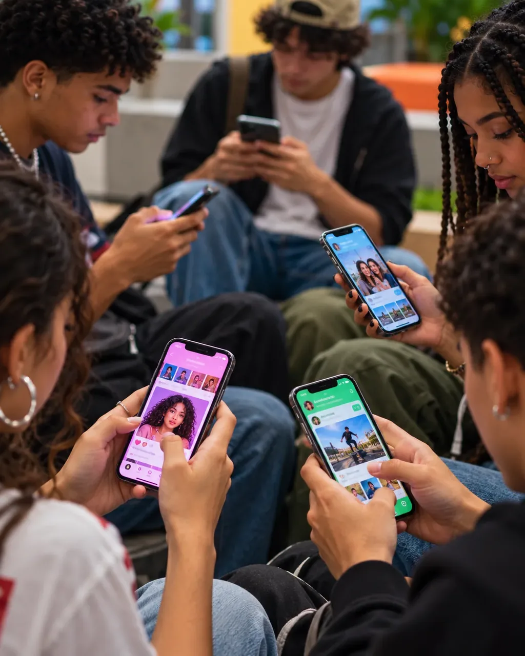 Grupo de jovens em uma pausa, interagindo com seus celulares
